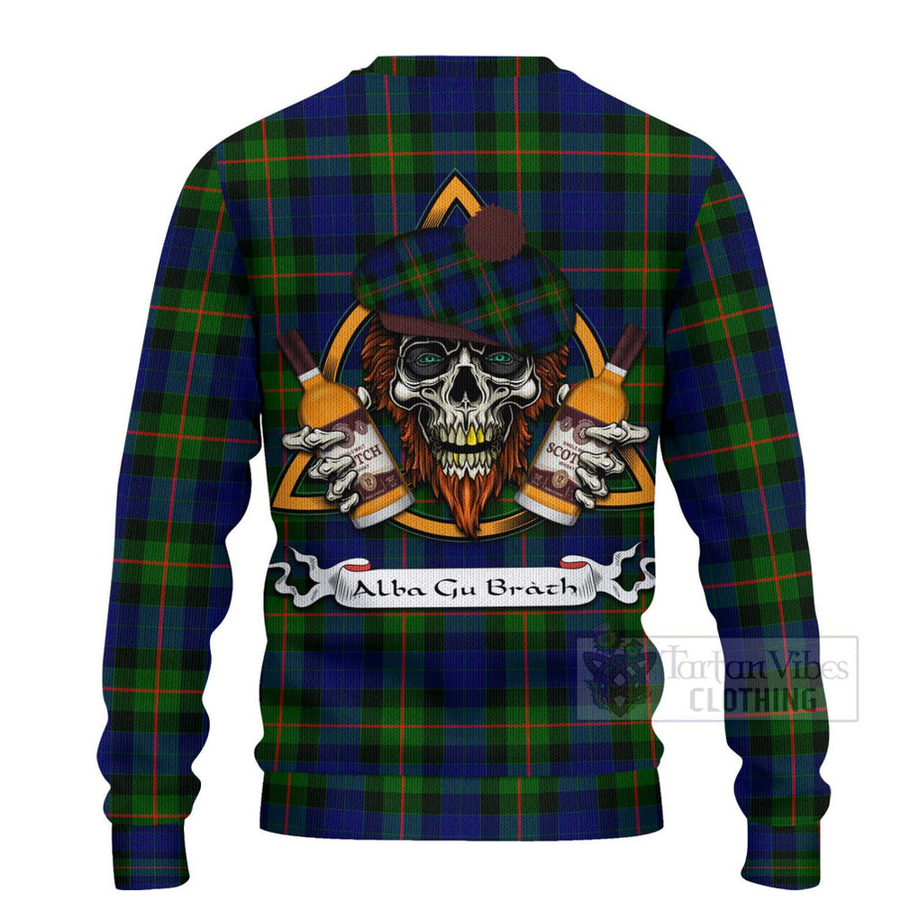 Tartan Vibes Clothing Jamieson Tartan Knitted Sweater with Family Crest and Bearded Skull Holding Bottles of Whiskey