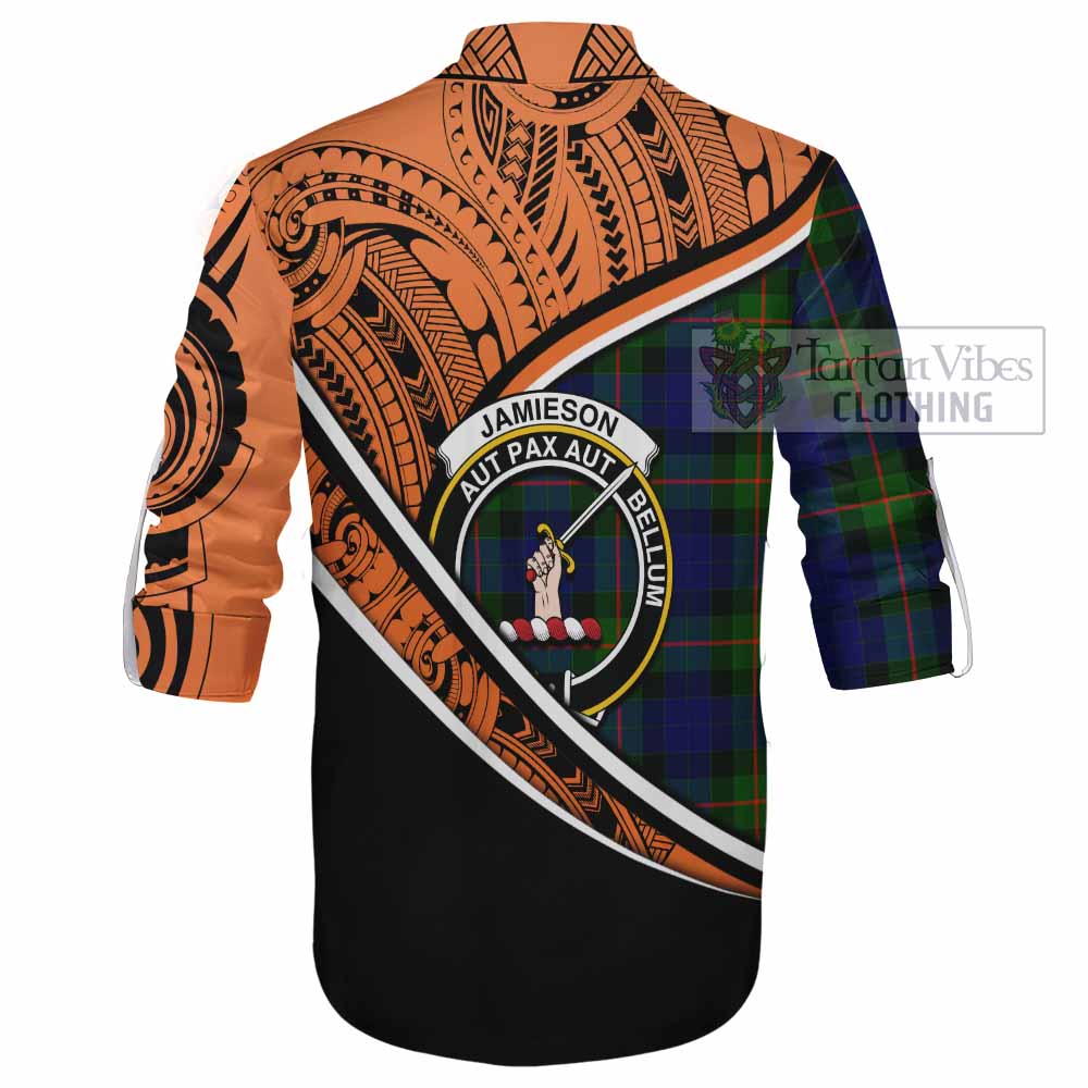 Tartan Vibes Clothing Jamieson Crest Tartan Ghillie Kilt Shirt with Maori Tattoo Style - Orange Version