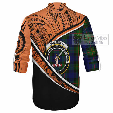 Jamieson Crest Tartan Ghillie Kilt Shirt with Polynesian Vibes Style - Orange Version