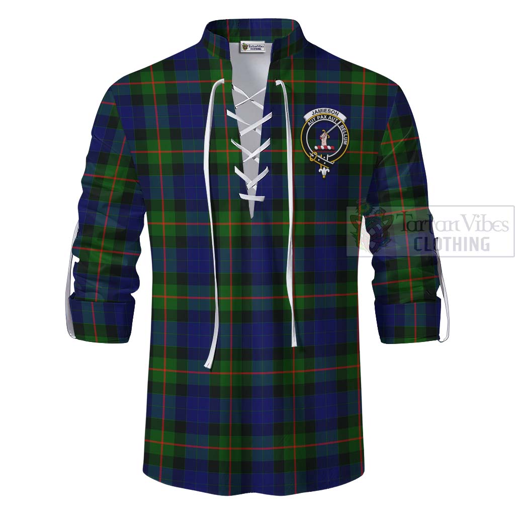 Tartan Vibes Clothing Jamieson Tartan Ghillie Kilt Shirt with Family Crest and Bearded Skull Holding Bottles of Whiskey