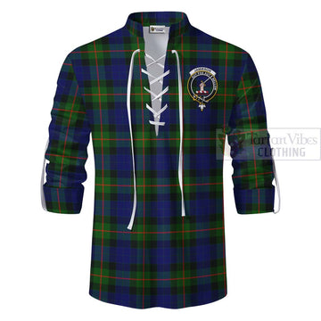 Jamieson Tartan Ghillie Kilt Shirt with Family Crest and Bearded Skull Holding Bottles of Whiskey