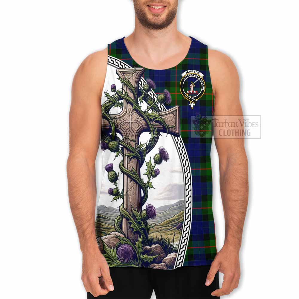 Tartan Vibes Clothing Jamieson Tartan Men's Tank Top with Family Crest and St. Andrew's Cross Accented by Thistle Vines