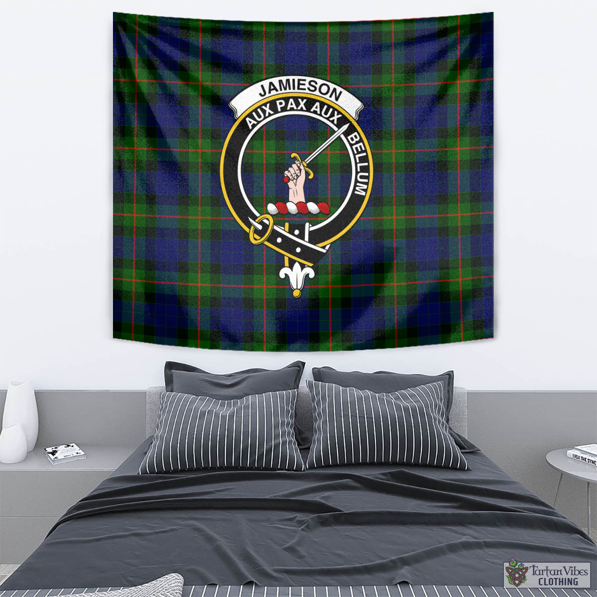 Tartan Vibes Clothing Jamieson Tartan Tapestry Wall Hanging and Home Decor for Room with Family Crest