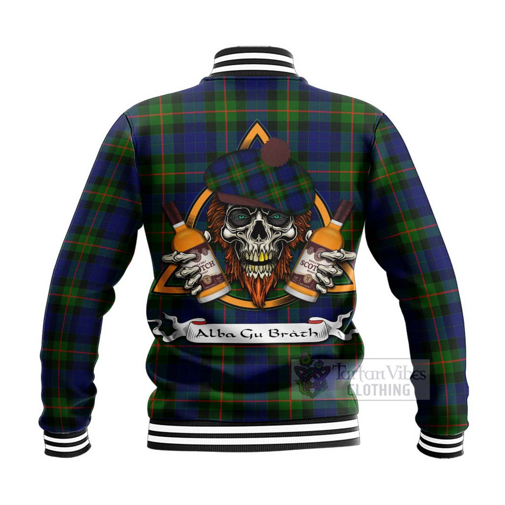 Tartan Vibes Clothing Jamieson Tartan Baseball Jacket with Family Crest and Bearded Skull Holding Bottles of Whiskey