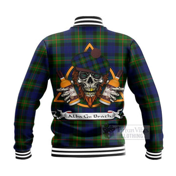 Jamieson Tartan Baseball Jacket with Family Crest and Bearded Skull Holding Bottles of Whiskey