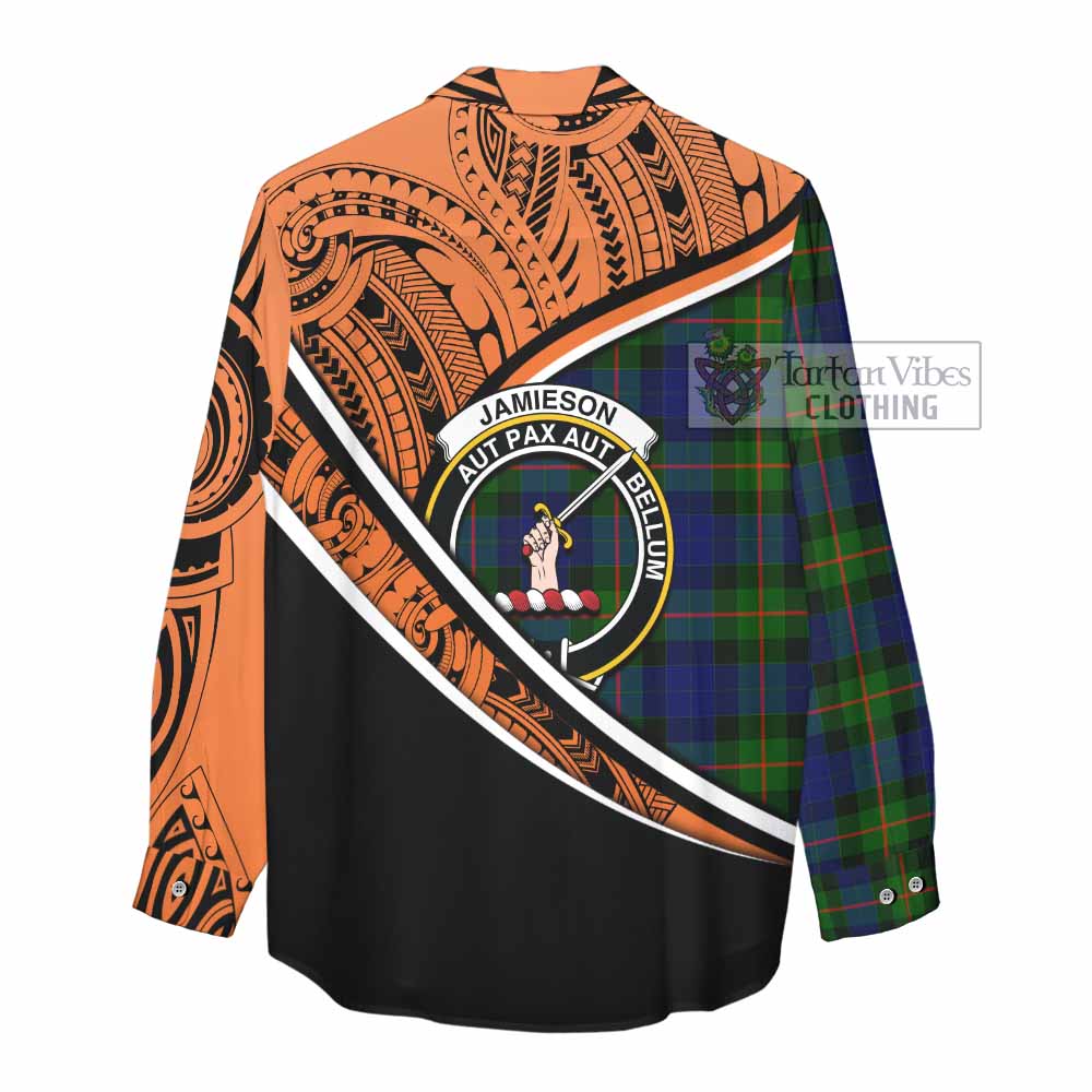 Tartan Vibes Clothing Jamieson Crest Tartan Women's Casual Shirt with Maori Tattoo Style - Orange Version