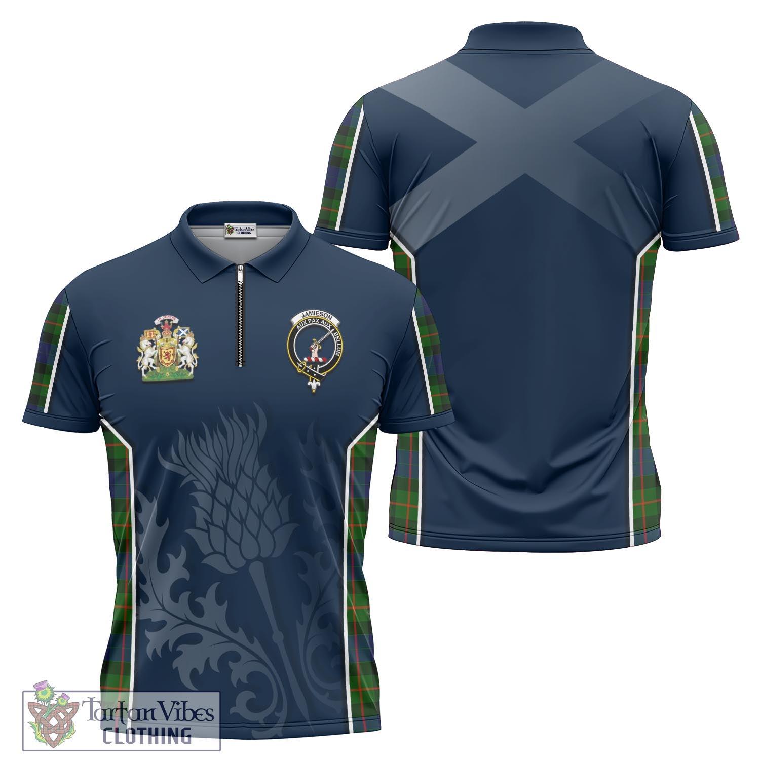 Tartan Vibes Clothing Jamieson Tartan Zipper Polo Shirt with Family Crest and Scottish Thistle Vibes Sport Style