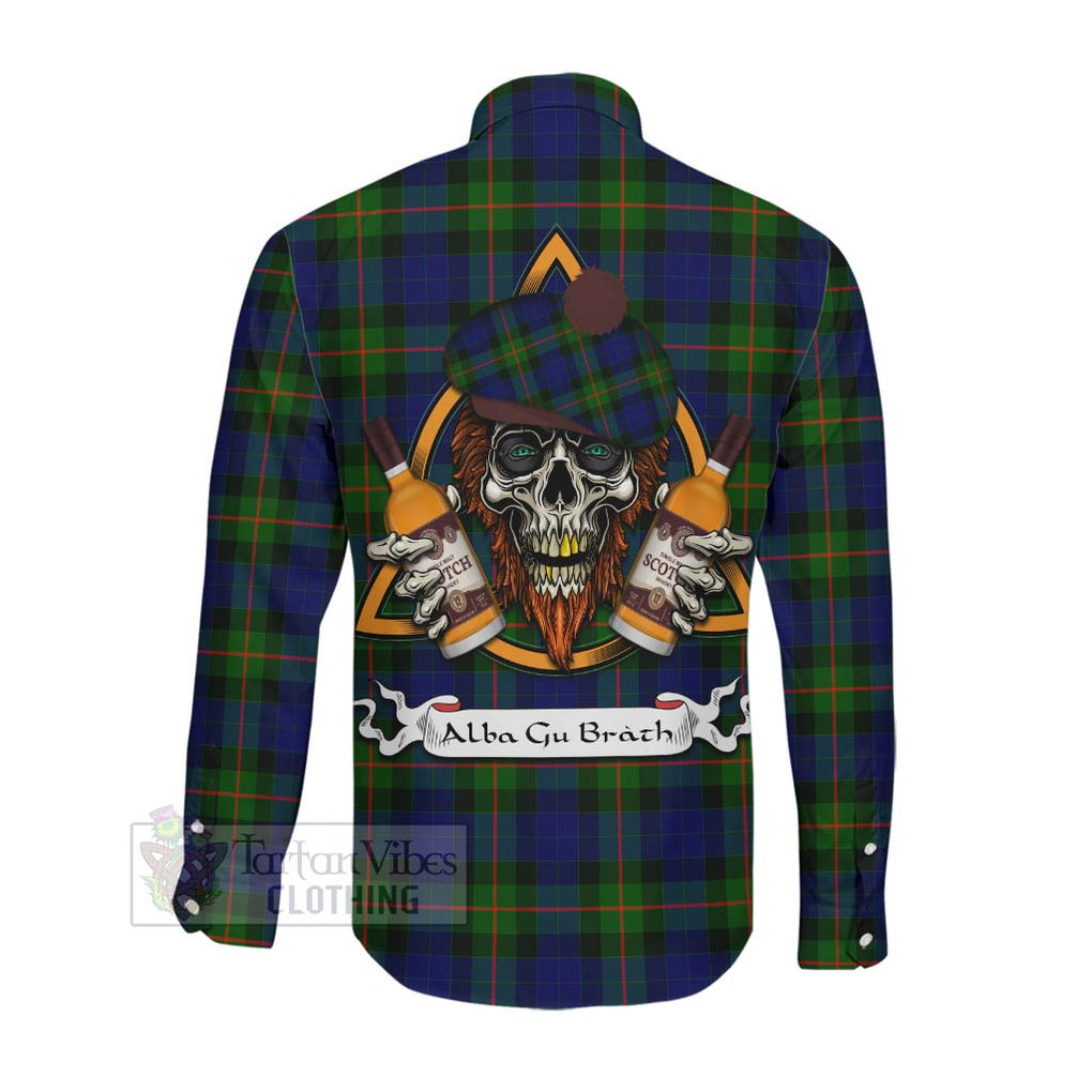 Tartan Vibes Clothing Jamieson Tartan Long Sleeve Button Shirt with Family Crest and Bearded Skull Holding Bottles of Whiskey