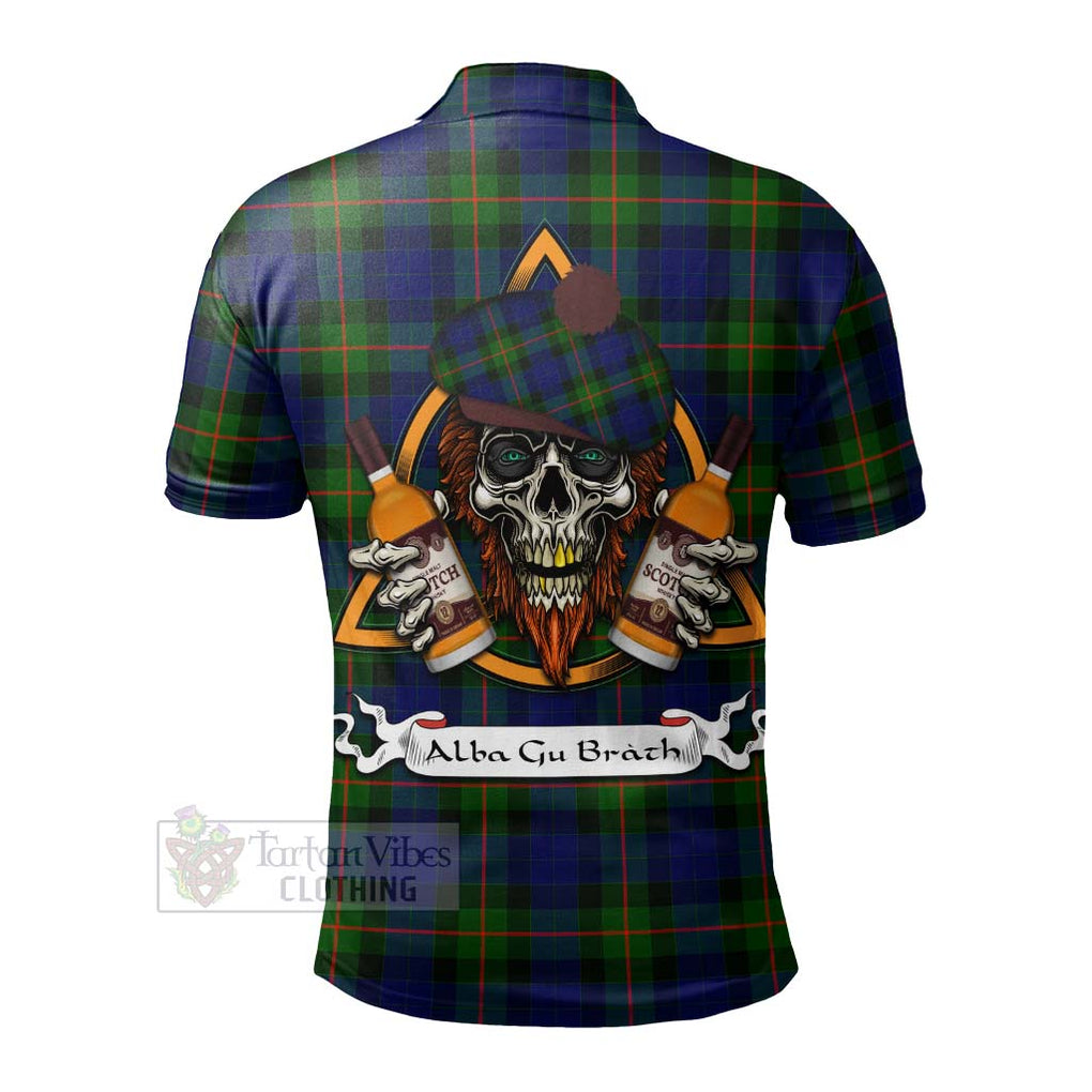 Tartan Vibes Clothing Jamieson Tartan Polo Shirt with Family Crest and Bearded Skull Holding Bottles of Whiskey