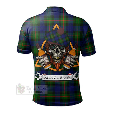 Jamieson Tartan Polo Shirt with Family Crest and Bearded Skull Holding Bottles of Whiskey