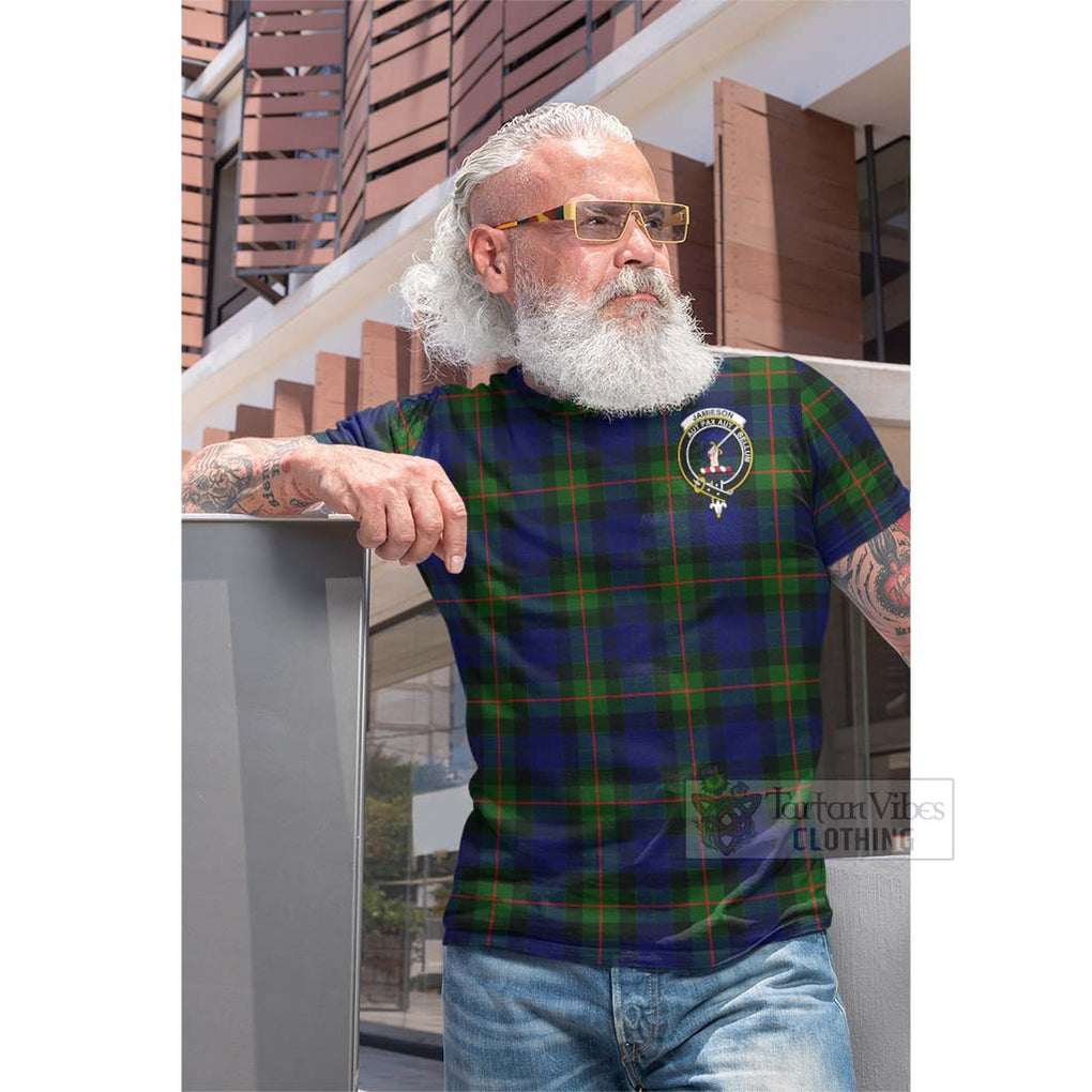 Tartan Vibes Clothing Jamieson Tartan Cotton T-shirt with Family Crest and Bearded Skull Holding Bottles of Whiskey