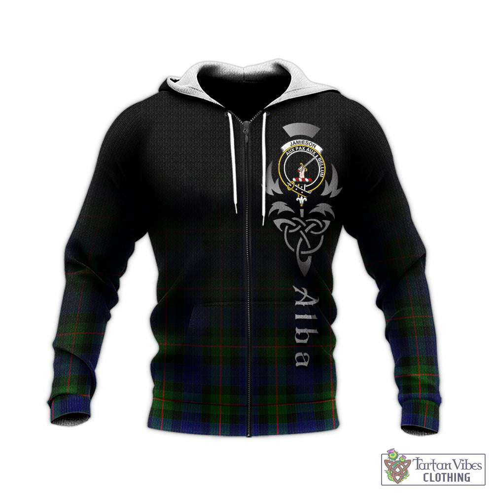 Tartan Vibes Clothing Jamieson Tartan Knitted Hoodie Featuring Alba Gu Brath Family Crest Celtic Inspired