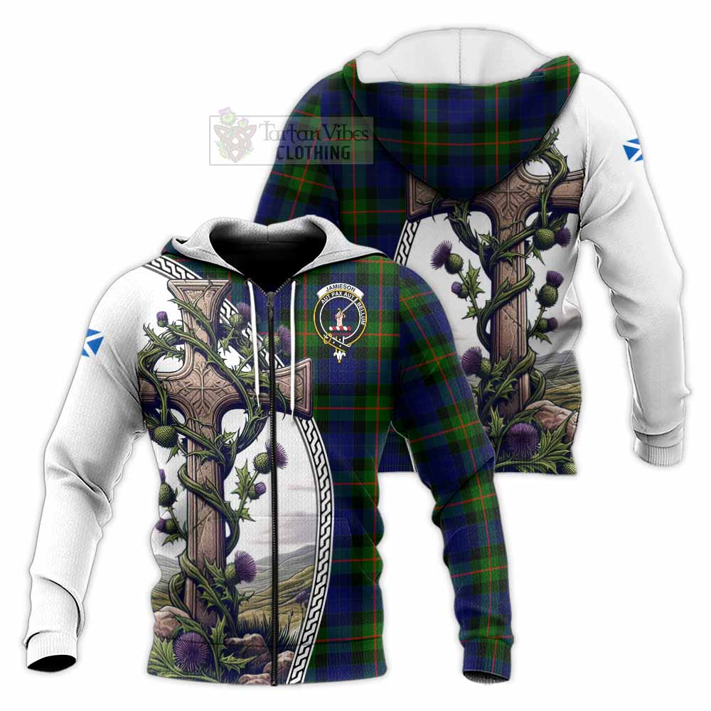 Tartan Vibes Clothing Jamieson Tartan Knitted Hoodie with Family Crest and St. Andrew's Cross Accented by Thistle Vines