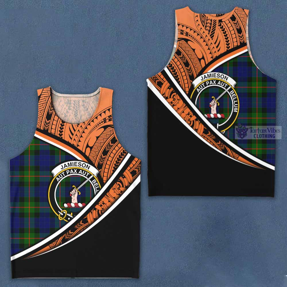 Tartan Vibes Clothing Jamieson Crest Tartan Men's Tank Top with Maori Tattoo Style - Orange Version