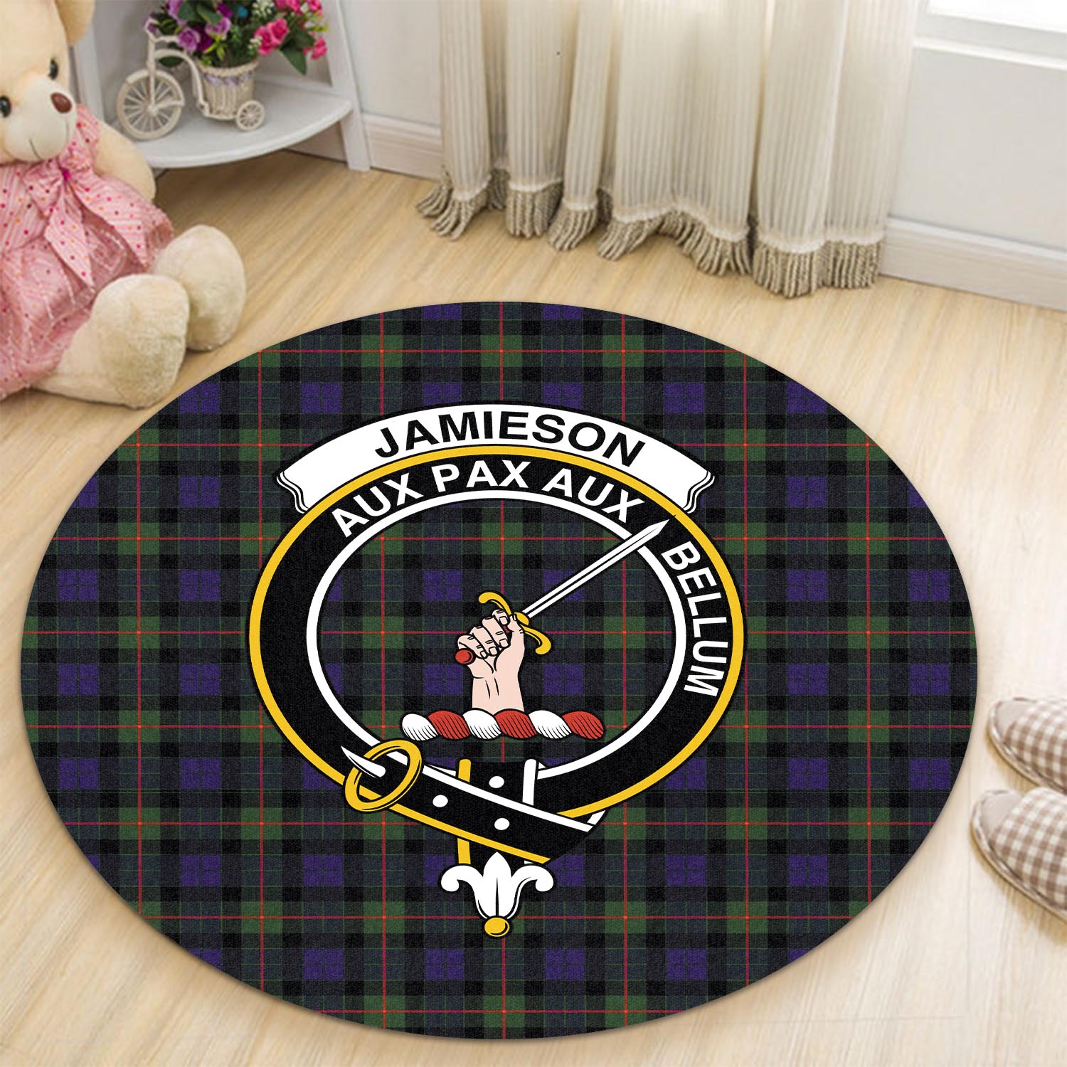 jamieson-tartan-round-rug-with-family-crest