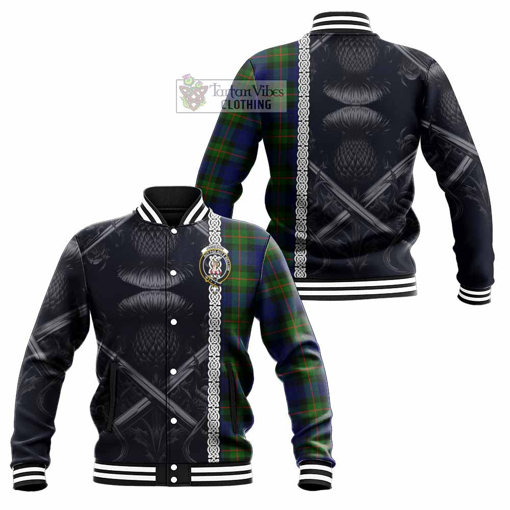 Tartan Vibes Clothing Jamieson Tartan Baseball Jacket with Family Crest Cross Sword Thistle Celtic Vibes