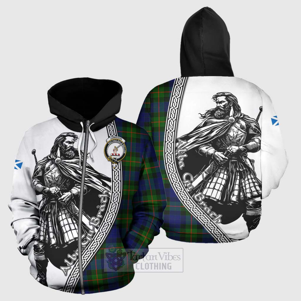 Tartan Vibes Clothing Jamieson Tartan Clan Crest Hoodie with Highlander Warrior Celtic Style