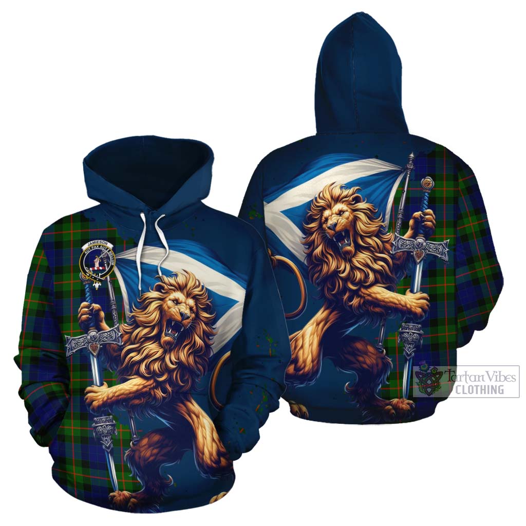 Tartan Vibes Clothing Jamieson Tartan Family Crest Cotton Hoodie with Scottish Majestic Lion