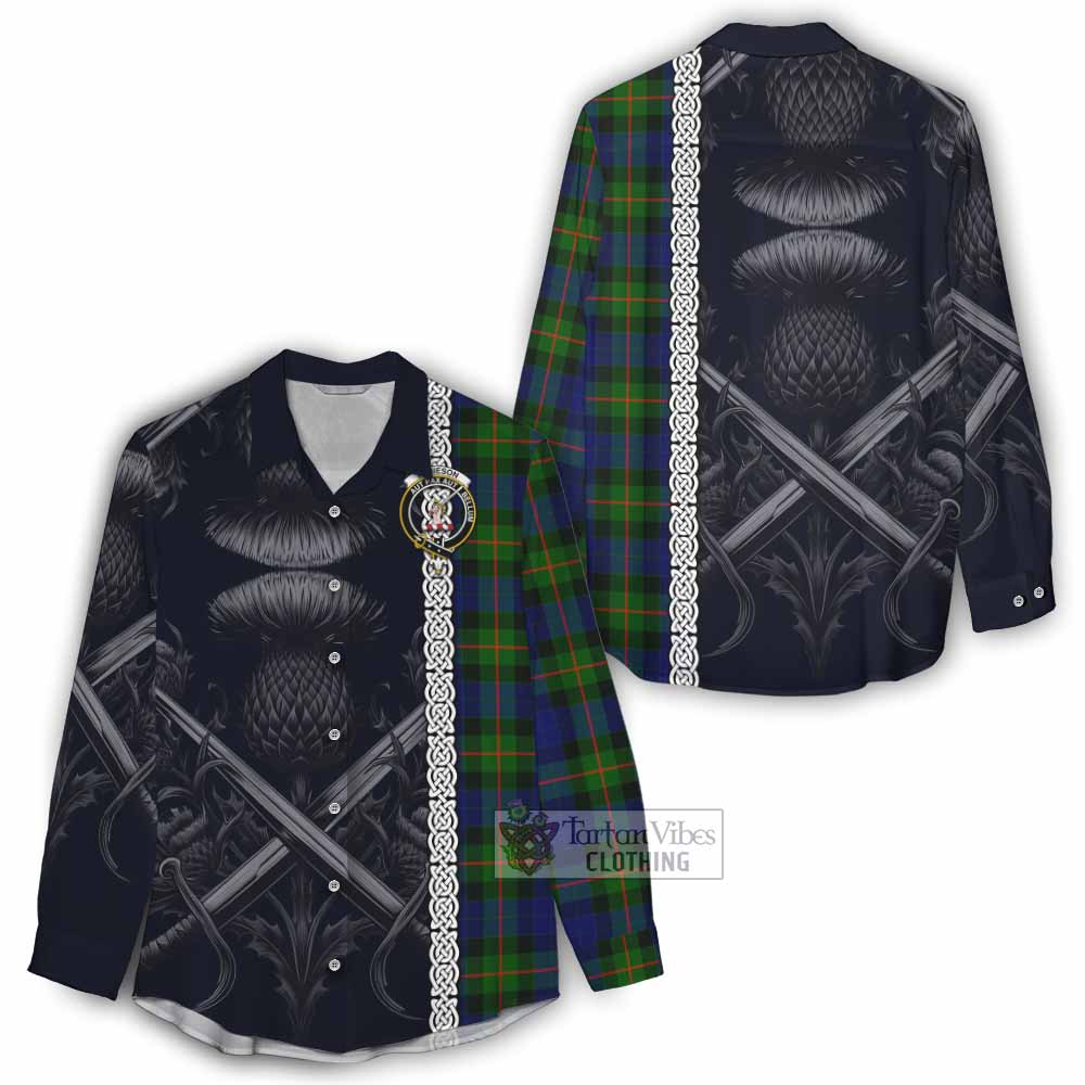 Tartan Vibes Clothing Jamieson Tartan Women's Casual Shirt with Family Crest Cross Sword Thistle Celtic Vibes