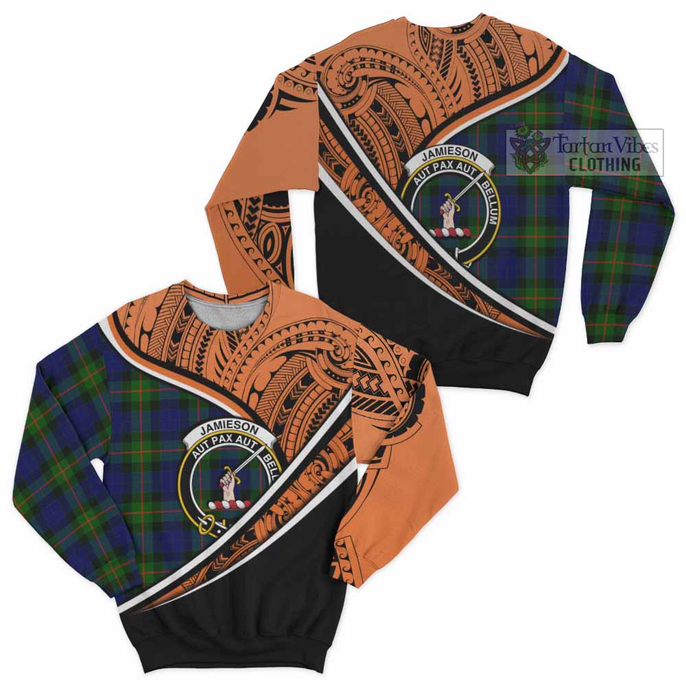 Tartan Vibes Clothing Jamieson Crest Tartan Sweatshirt with Maori Tattoo Style - Orange Version