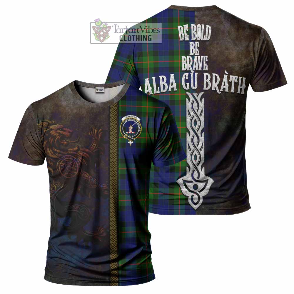 Jamieson Tartan Family Crest T-Shirt Alba Gu Brath Be Brave Lion Ancient Style - Tartan Vibes Clothing