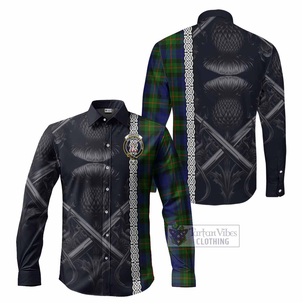 Tartan Vibes Clothing Jamieson Tartan Long Sleeve Button Shirt with Family Crest Cross Sword Thistle Celtic Vibes