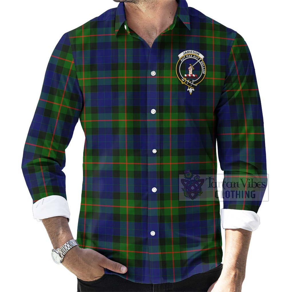 Tartan Vibes Clothing Jamieson Tartan Long Sleeve Button Shirt with Family Crest and Bearded Skull Holding Bottles of Whiskey