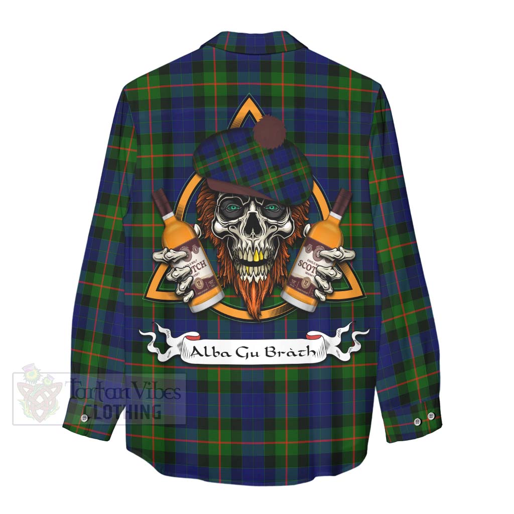 Tartan Vibes Clothing Jamieson Tartan Women's Casual Shirt with Family Crest and Bearded Skull Holding Bottles of Whiskey