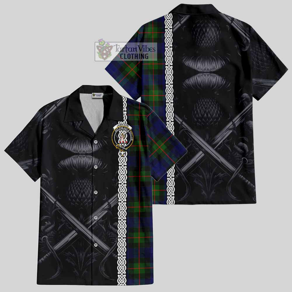 Tartan Vibes Clothing Jamieson Tartan Short Sleeve Button Shirt with Family Crest Cross Sword Thistle Celtic Vibes