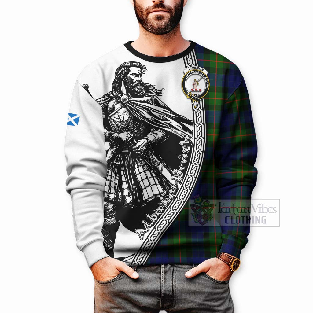 Jamieson Tartan Clan Crest Sweatshirt with Highlander Warrior Celtic Style - Tartan Vibes Clothing