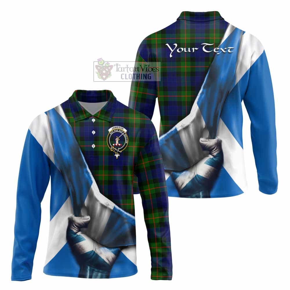 Tartan Vibes Clothing Jamieson Tartan Long Sleeve Polo Shirt with Family Crest Scotland Patriotic Style