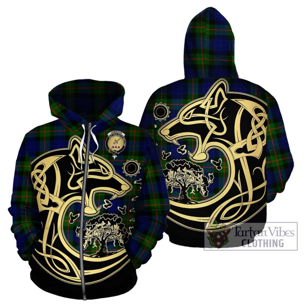 Jamieson Tartan Hoodie with Family Crest Celtic Wolf Style - Tartan Vibes Clothing