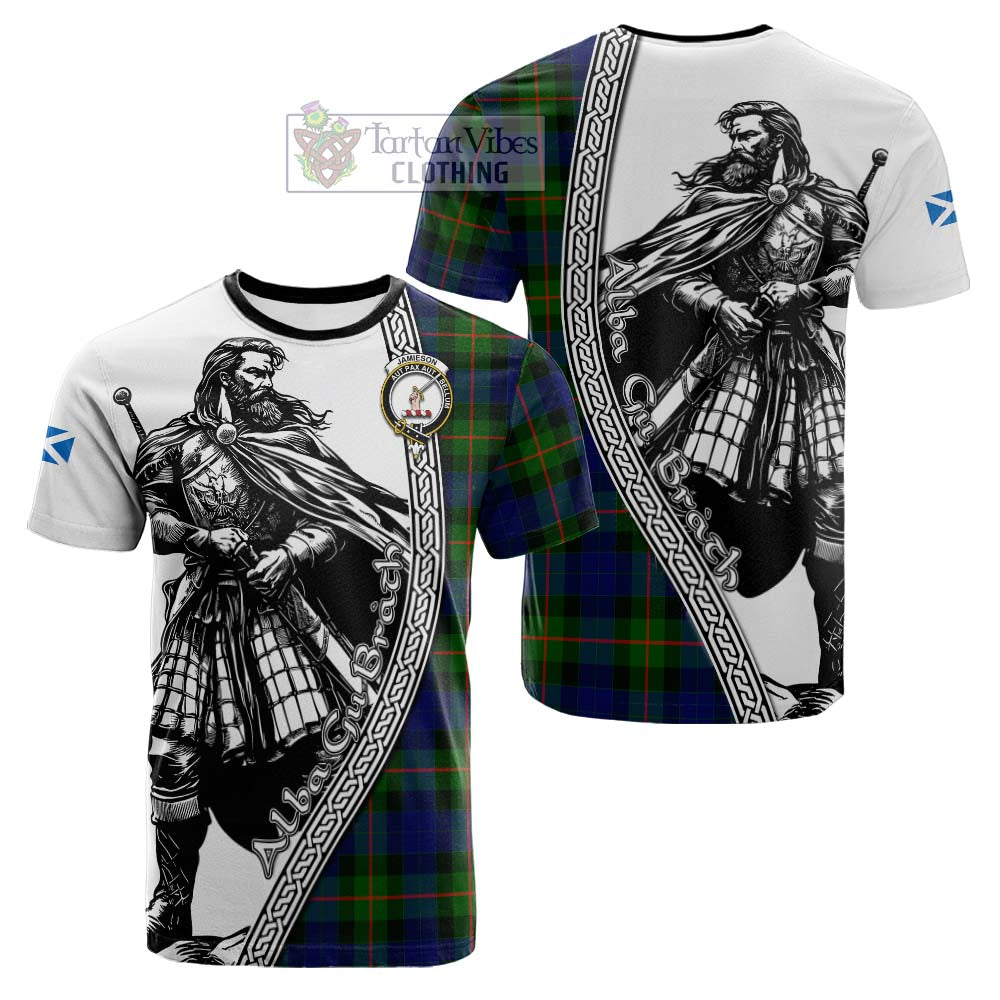 Jamieson Tartan Clan Crest Cotton T-shirt with Highlander Warrior Celtic Style