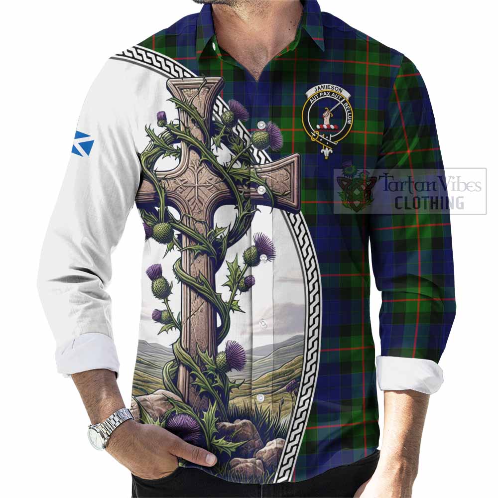 Tartan Vibes Clothing Jamieson Tartan Long Sleeve Button Shirt with Family Crest and St. Andrew's Cross Accented by Thistle Vines