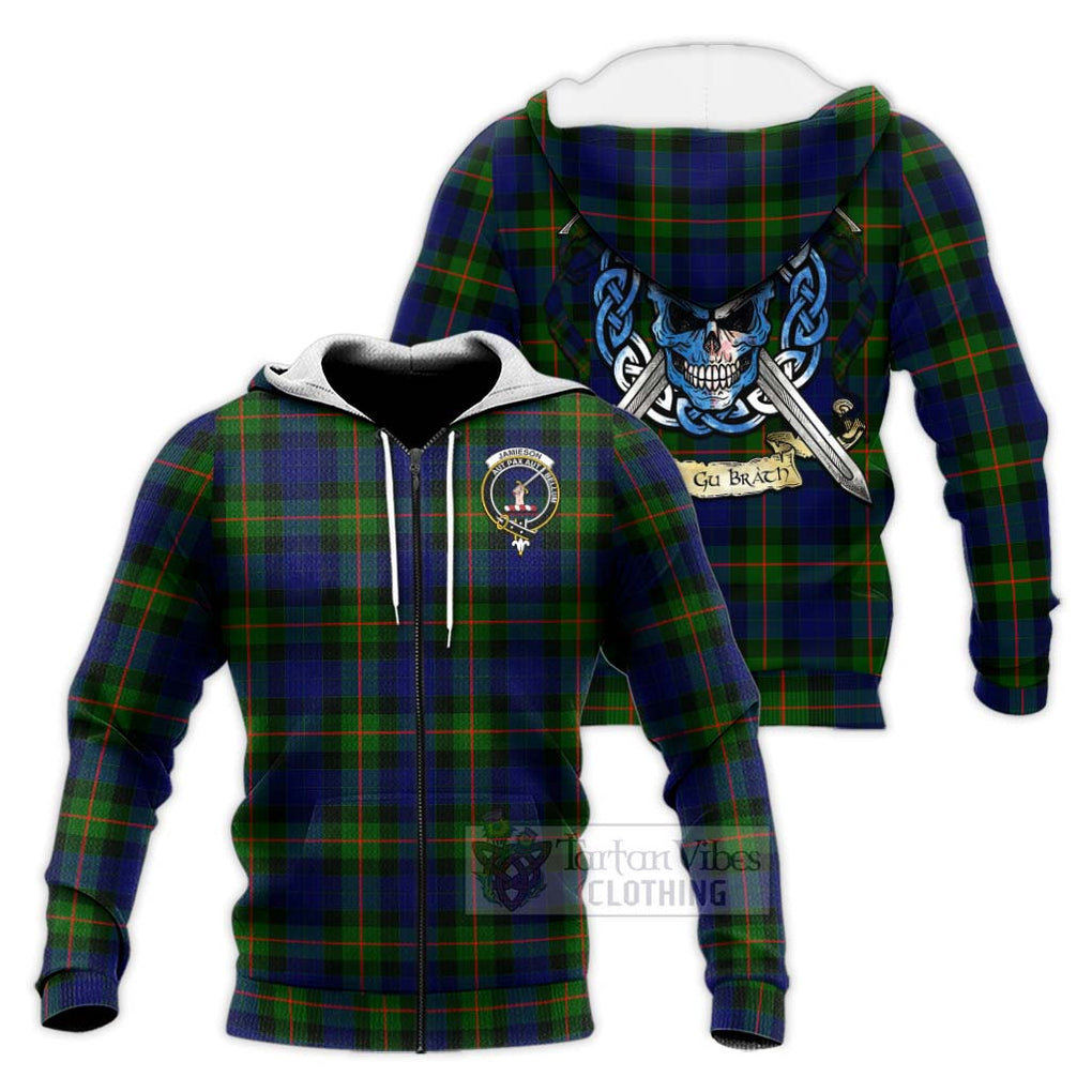 Tartan Vibes Clothing Jamieson Tartan Knitted Hoodie with Family Crest Celtic Skull Style