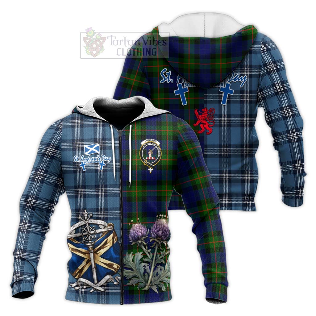 Tartan Vibes Clothing Jamieson Tartan Knitted Hoodie Happy St. Andrew's Day Half Tartan Style