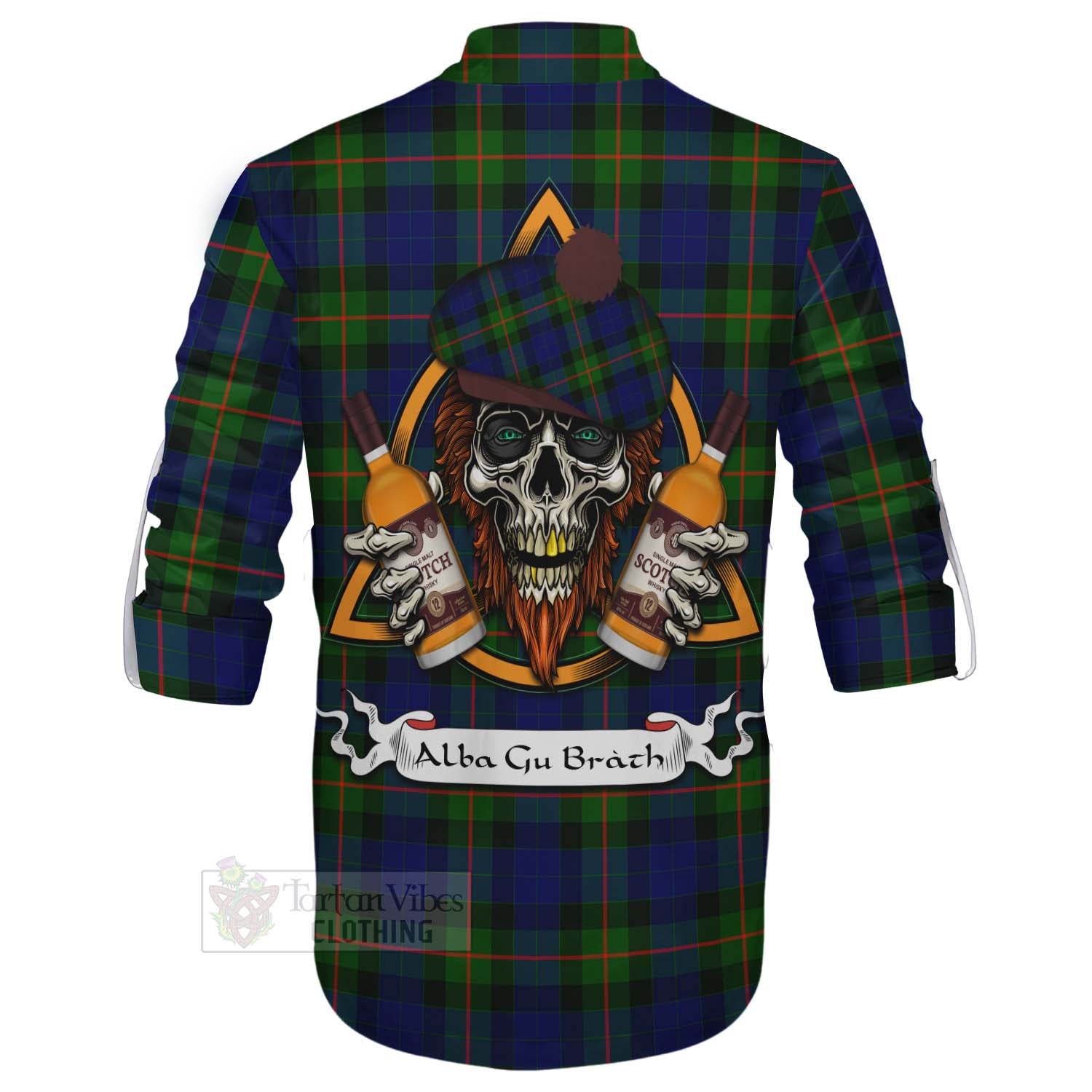 Tartan Vibes Clothing Jamieson Tartan Ghillie Kilt Shirt with Family Crest and Bearded Skull Holding Bottles of Whiskey