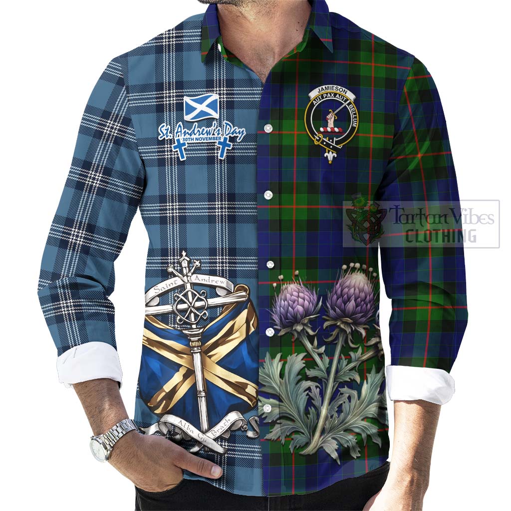 Tartan Vibes Clothing Jamieson Tartan Long Sleeve Button Shirt Happy St. Andrew's Day Half Tartan Style