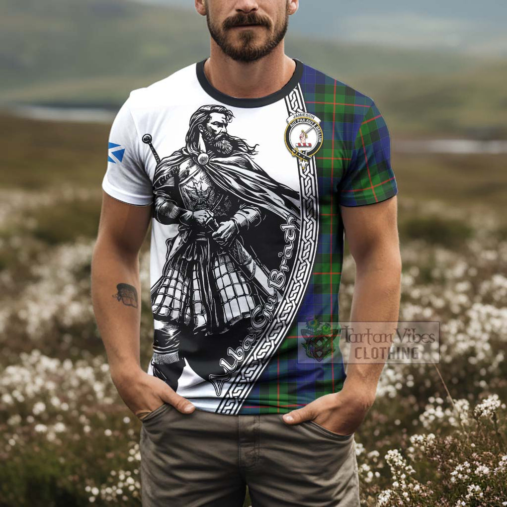 Tartan Vibes Clothing Jamieson Tartan Clan Crest T-Shirt with Highlander Warrior Celtic Style