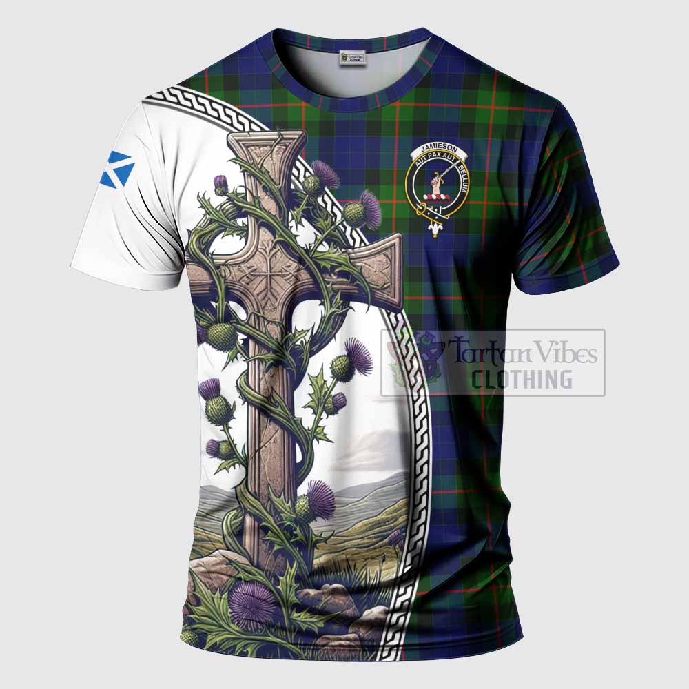 Tartan Vibes Clothing Jamieson Agnew Tartan T-Shirt with Family Crest and St. Andrew's Cross Accented by Thistle Vines