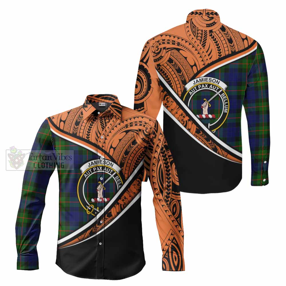 Tartan Vibes Clothing Jamieson Crest Tartan Long Sleeve Button Shirt with Maori Tattoo Style - Orange Version