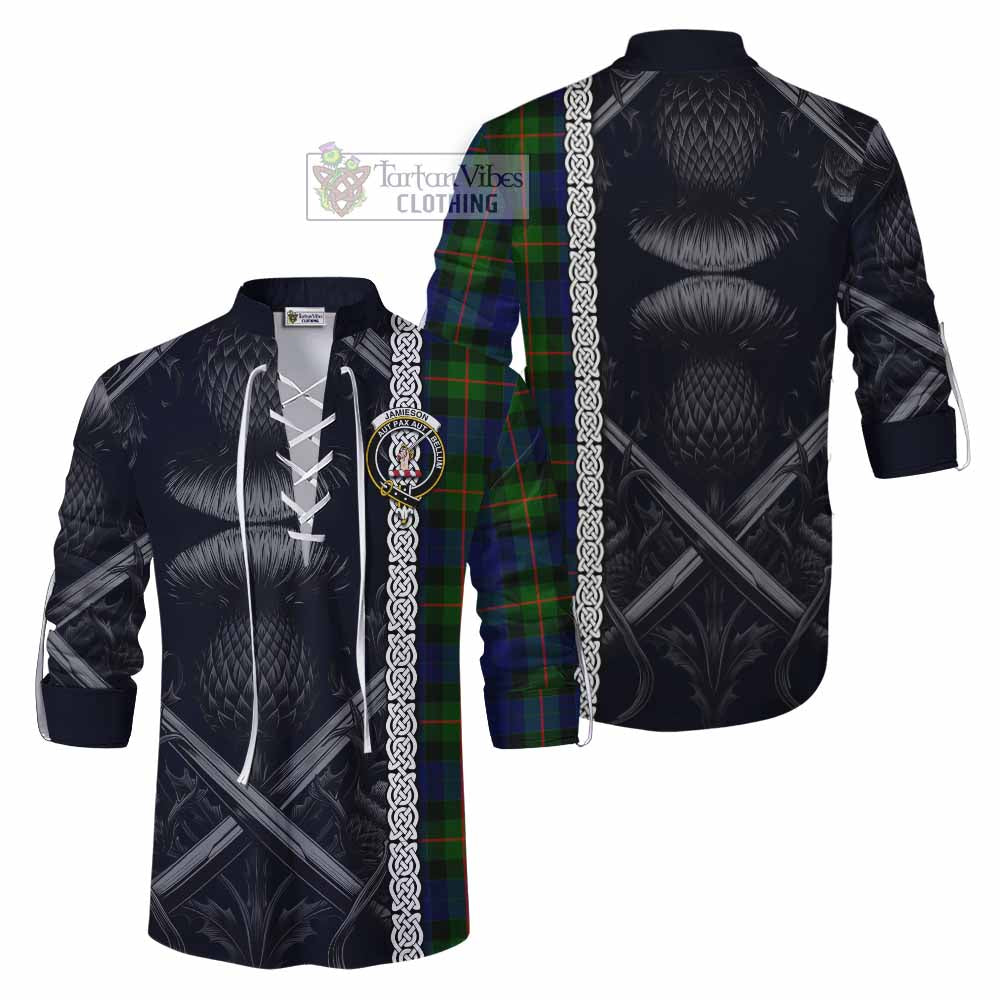 Tartan Vibes Clothing Jamieson Tartan Ghillie Kilt Shirt with Family Crest Cross Sword Thistle Celtic Vibes