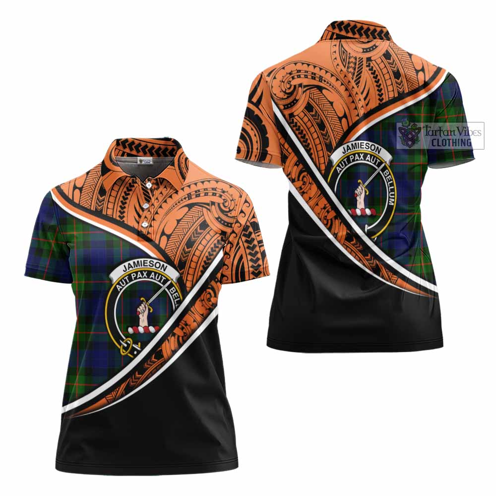 Tartan Vibes Clothing Jamieson Crest Tartan Women's Polo Shirt with Maori Tattoo Style - Orange Version