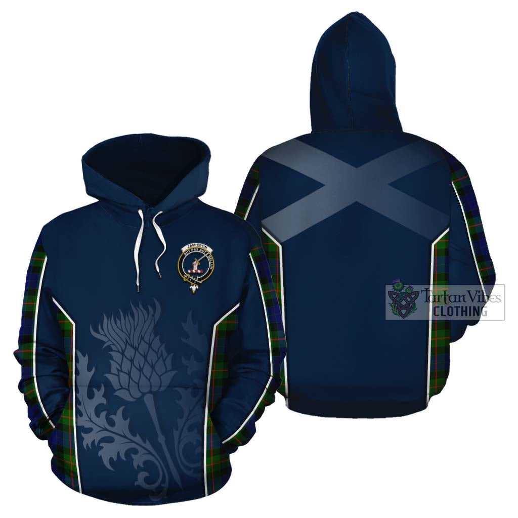 Tartan Vibes Clothing Jamieson Tartan Cotton Hoodie with Family Crest and Scottish Thistle Vibes Sport Style