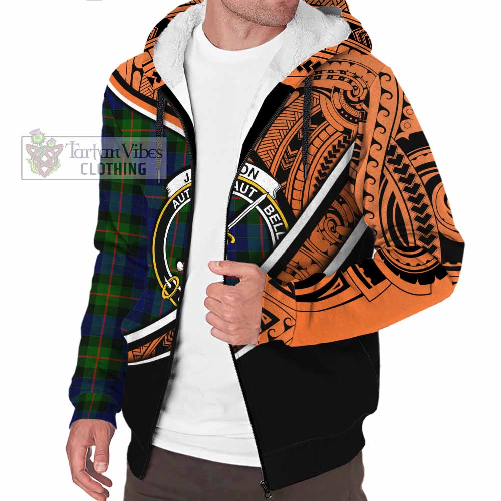 Tartan Vibes Clothing Jamieson Crest Tartan Sherpa Hoodie with Maori Tattoo Style - Orange Version