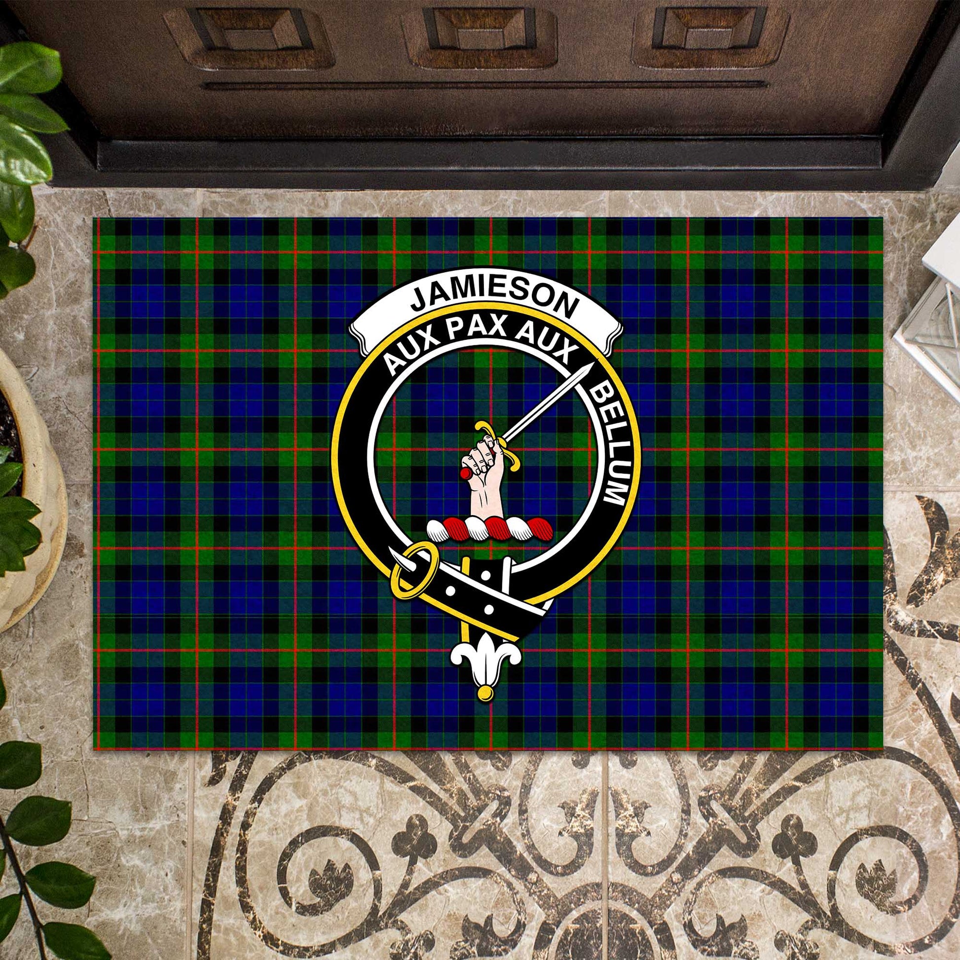 Jamieson Tartan Door Mat with Family Crest - Tartanvibesclothing