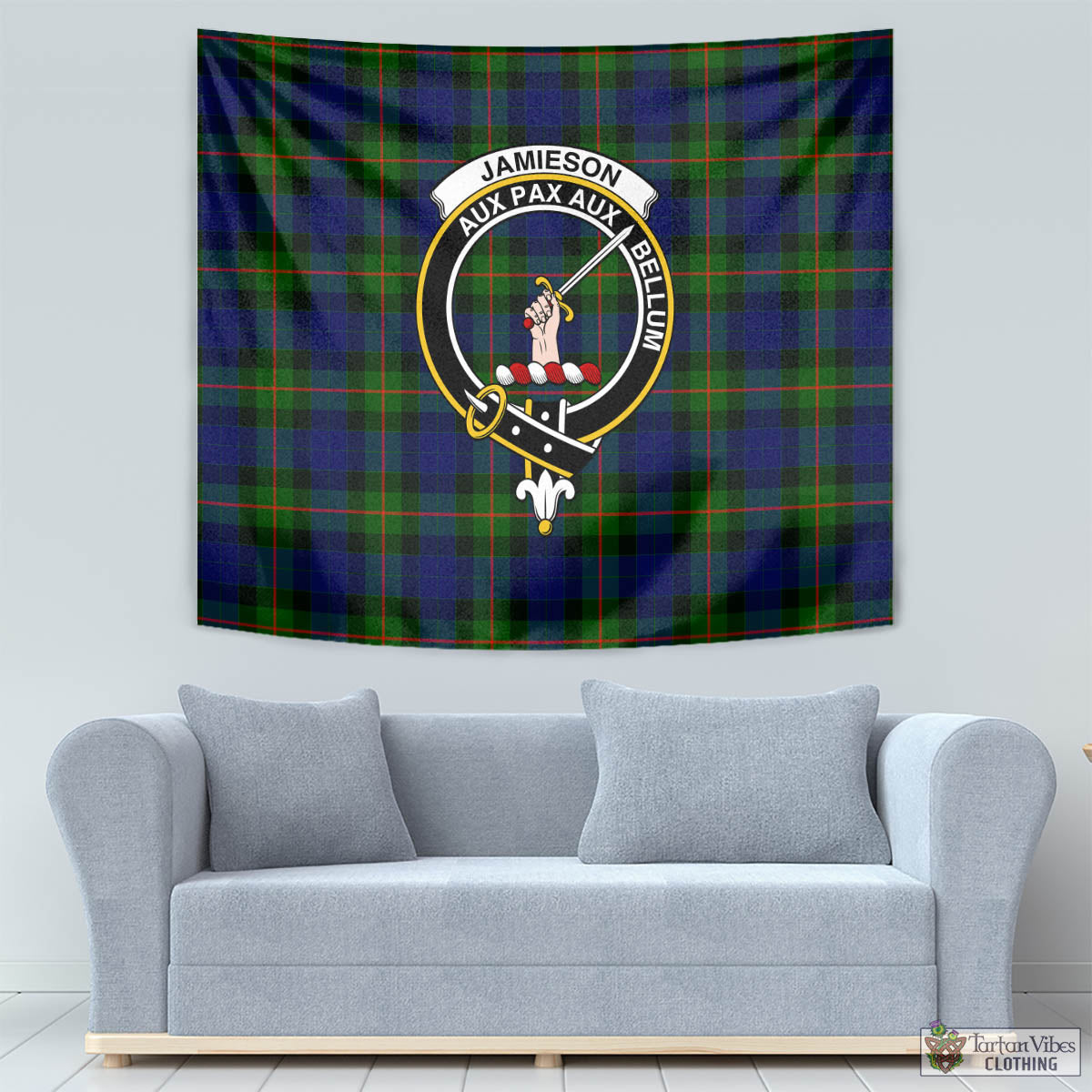 Tartan Vibes Clothing Jamieson Tartan Tapestry Wall Hanging and Home Decor for Room with Family Crest