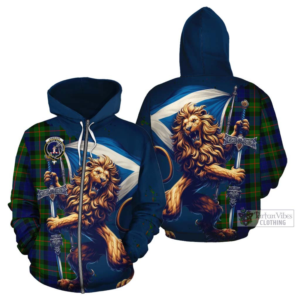 Tartan Vibes Clothing Jamieson Tartan Family Crest Cotton Hoodie with Scottish Majestic Lion