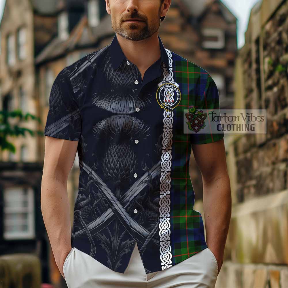 Tartan Vibes Clothing Jamieson Tartan Short Sleeve Button Shirt with Family Crest Cross Sword Thistle Celtic Vibes