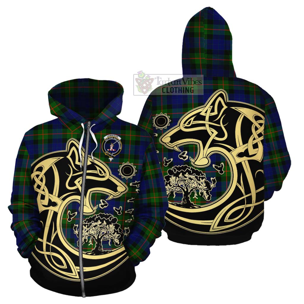 Tartan Vibes Clothing Jamieson Tartan Cotton Hoodie with Family Crest Celtic Wolf Style